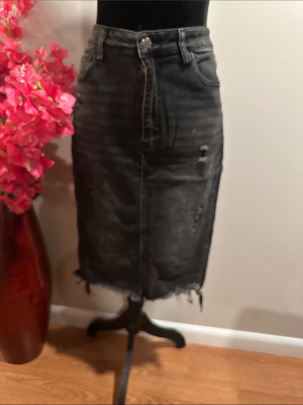 Black Distressed Denim Midi Skirt